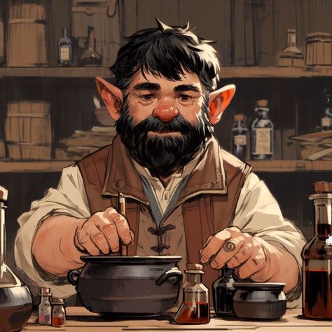 D&d Shopkeeper, Tavern Keeper Character, Fantasy Shopkeeper, Shopkeeper Character Design, Dnd Bartender, Dnd Halfling Male, Dnd Gnome Art, Gnome Dnd Character Design, Fantasy Farmer