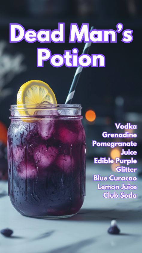 Dead Man\'s Potion Purple Glitter Cocktail, Soda Cocktails, Spooky Cocktails, Fall Beverages, Halloween Drinks Alcohol, Purple Cocktails, Cocktail Drinks Alcoholic, Party Drinks Alcohol, Drink Recipes Nonalcoholic