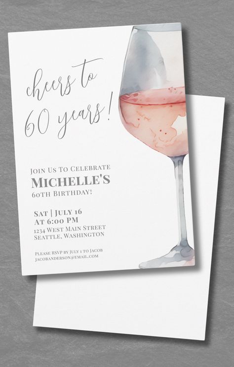 Wine Glass Cheers To Sixty Years 60th Birthday Party Invitation Blush Pink Elegant 60 Years Birthday Invitation, 60th Birthday Invitations For Women, Cheers To 60 Years, Wine Cheers, 60th Birthday Party Invitations, Classic Serif Fonts, Classic Invitation, 60th Birthday Invitations, Script Typography