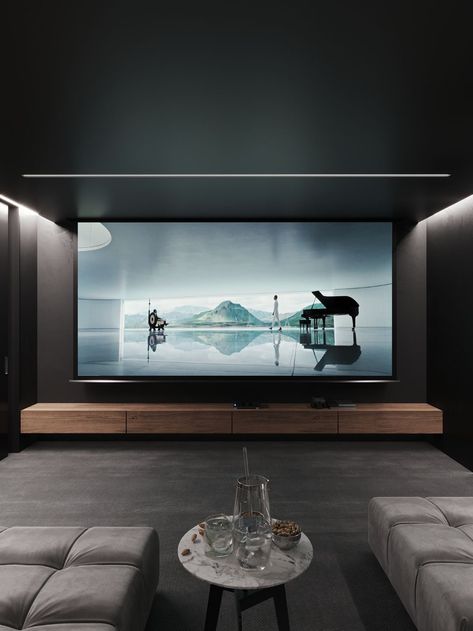 Classy Movie Theater Room, Cozy Home Theater Ideas, Office Movie Room, Modern Theater Room, Home Theater Design Modern, Modern Media Room Design, Home Theater Screen, Cinema Room Decor, Home Cinema Room Ideas