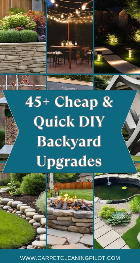 Looking to spruce up your backyard without breaking the bank? Discover our collection of cheap and easy DIY ideas that transform your outdoor space with minimal effort and cost. Perfect for anyone wanting a fresh, stylish backyard on a budget! Revamp Backyard On A Budget, Backyard Improvements Diy Budget, Cheap Outdoor Landscaping Ideas, Diy Cheap Patio Ideas, No Patio Backyard Ideas, Diy Fake Grass Backyard, Backyard Redo On A Budget, Cheap Backyard Upgrades, Renter Friendly Backyard Ideas Diy