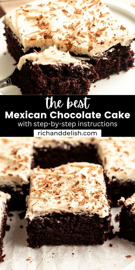 This Mexican chocolate cake is made with chocolate cake that is spiced with cinnamon and cayenne pepper and is topped with cinnamon frosting. Mexican Chocolate Bundt Cake, Mexican Desert Ideas, Chocolate Cake With Cinnamon, Spiced Chocolate Cake, Mexican Hot Chocolate Cake, Mexican Cake Recipes, Mexican Cakes, Mexican Chocolate Cake, Mexican Wedding Cakes