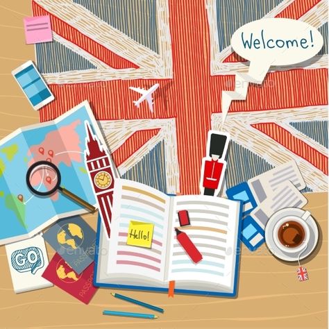 Concept of travel or studying English. Open book with English symbols. Flat design, vector illustration English Wallpaper, English Logo, Past Continuous, English Aesthetic, English Projects, Luxury Packaging Design, Interesting English Words, Graphic Poster Art, English Language Teaching