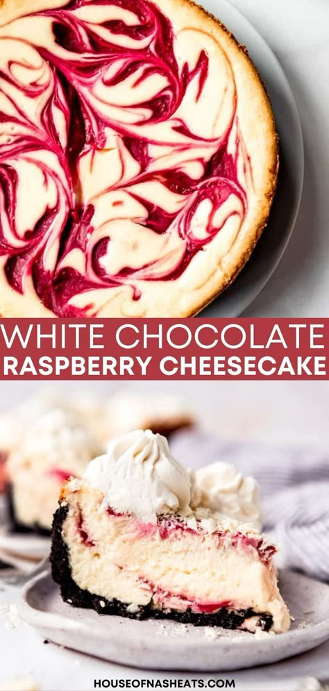 Chocolate Raspberry Cheesecake Recipes, Raspberry Cheesecake Recipes, White Chocolate Strawberry Cheesecake, Raspberry White Chocolate Cheesecake, White Chocolate Cheesecake Recipes, Copycat Cheesecake Factory, Cheesecake Factory Copycat, Chocolate Strawberry Cheesecake, Raspberry Swirl Cheesecake