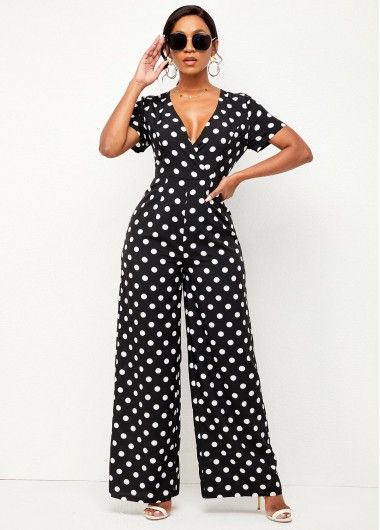 ROTITA Deep V Neck Polka Dot Short Sleeve Jumpsuit | Rotita.com - USD $35.77 Polka Dot Dress Rosewe, Black Jumpsuit Outfit Casual, Trendy Jumpsuits For Women, Jumpsuits Casual, Black Jumpsuits, Jumpsuit Outfits, Short Sleeve Jumpsuit, Trendy Jumpsuit, Rompers Online