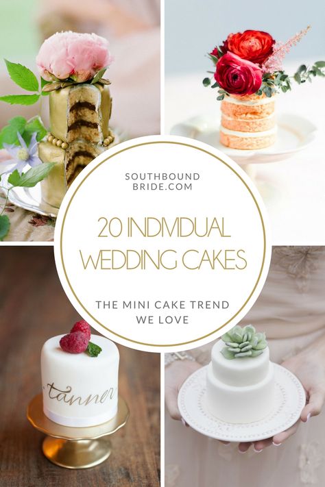 20 Individual Wedding Cakes | SouthBound Bride Diy Mini Wedding Cake, Wedding Cake Centerpieces Mini, 2 Person Wedding Cake, Individual Wedding Cakes For Each Guest, 6inch Wedding Cake, Individual Wedding Cakes For Each Table, Mini Wedding Cakes For Guests, Mini Cakes For Wedding, Wedding Mini Cakes