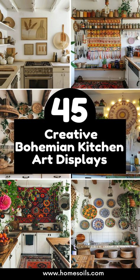 Discover 40 kitchen wall art ideas with a Bohemian twist! From sunny sink side styles to nature-inspired havens, these vibrant designs bring warmth and creativity to your culinary space. #BohemianDecor #KitchenWallArt #HomeStyle Artsy Kitchen Ideas, Wall Ideas For Kitchen, Eclectic Kitchen Bohemian, Hippie Kitchen Decor, Bohemian Kitchen Curtains, Tacky Decor, Kitchen Wall Art Ideas, Hippie Kitchen, Bohemian Style Kitchen