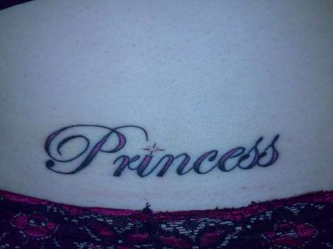 Princess Font Tattoo, Princess Lip Tattoo, Tiara Tramp Stamp, Princess Tramp Stamp Tattoo, Mcbling Tattoo Ideas, Spine And Tramp Stamp Tattoo, Juicy Couture Tattoo, Princess Tramp Stamp, Girly Tramp Stamp