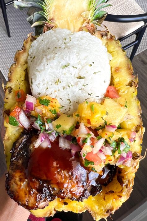 Ultimate Jerk BBQ Chicken Pineapple Bowl - CookWithCi Jerk Bbq Chicken, Pineapple Rice Bowl, Pineapple Bowl Recipe, Jerk Shrimp, Chicken Pineapple, Pineapple Rice, Pineapple Bowl, Chili Lime Seasoning, Chopped Pineapple