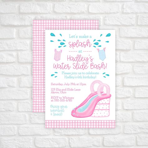 Waterslide Themed Birthday Party, Summer Waterslide Party, Waterslide Birthday Party Invitations, Water Park Birthday Invitations, Water Slide Birthday Party Invitations, Water Slide Party, Preppy Pool Birthday Party Invitations Pink, Splash Party, Backyard Birthday