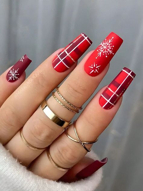 Nails Ballerina, Press Nails, Nail Tip Designs, Red Christmas Nails, Plaid Nails, Nagel Tips, Coffin Press On Nails, Her Nails, Nails Red