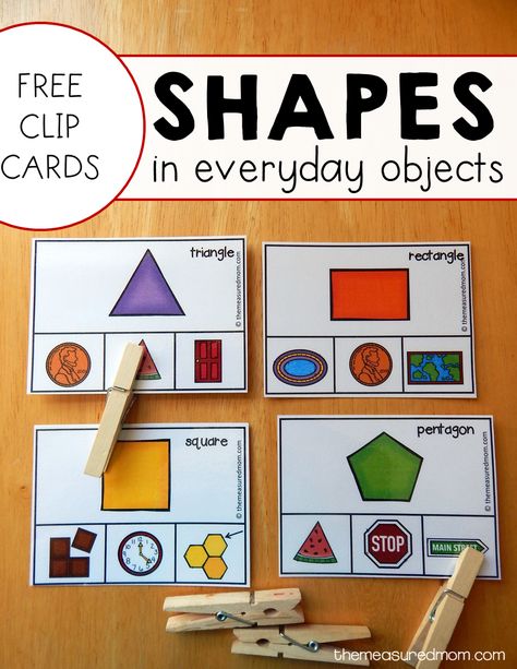 Looking for free shape activities? These clip cards will help kids see shapes in everyday objects. Preschool Task Cards Free, Spatial Sense Preschool Activities, Shapes Matching Game Free Printables, Geometry Preschool Activities, Shapes Matching Printable, Teacch Activities Free Printable, Teacch Tasks Free Printables, Kindergarten Task Cards Free, Shape Math Activities Preschool