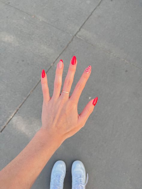 Cute Nails For Red Dress, Red And White Nail Designs Simple, Red V Day Nails, Nails To Go With A Red Prom Dress, Preppy Red Nails, Nails To Wear With Red Dress, Short Almond Red Nails Design, Red Nail Designs Spring, Red Prom Dress Nail Ideas