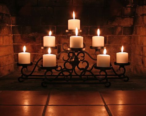 Led candles on a pretty stand for our fireplace Fireplace Insert Ideas Candles, Fireplace Candleabra Ideas Diy, Fireplace Candelabra Ideas, Fireplace Filler, Fireplace Candelabra, Fireplace Decorating, Unused Fireplace, Houses Decor, Candle Designs