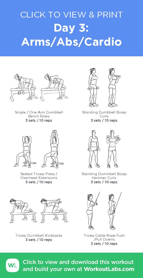 Day 3: Arms/Abs/Cardio – click to view and print this illustrated exercise plan created with #WorkoutLabsFit Arm And Ab Workout, Ab Workout For Beginners, Gym Workouts Machines, Gym Plans, Abs Cardio, Best Abdominal Exercises, Workout Labs, Gym Workout Plan For Women, Arm Workout Women