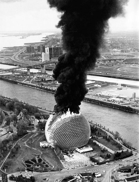 US Pavilion for Expo 67, designed by R. Buckminster Fuller and Shoji Sadao, erupts in flames. Montreal, May 20, 1976. Newfoundland Travel, Expo 67, Buckminster Fuller, Geodesic Dome, Of Montreal, World's Fair, Montreal Canada, Sorel Winter Boot, Old Pictures