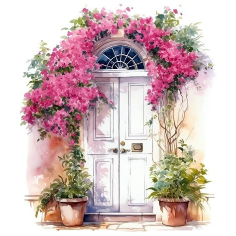 Doorway Drawing, Street Wall Painting, Wisteria Watercolor, Watercolor Doors, Doors Painting, Watercolor Door, Watercolor Cottage, Urban Watercolor, 30 Day Drawing Challenge