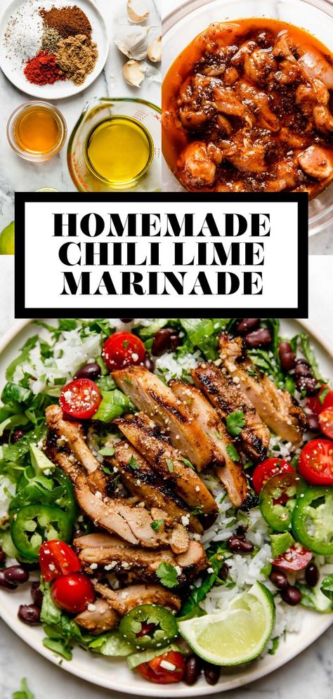 This Chili Lime Marinade adds bright, zesty, & spiced flavor to everything it touches. Made with just 8 pantry ingredients in 10 minutes or less, this Mexican-inspired marinade pairs beautifully with everything from epic steak fajitas to grilled chicken, pork, seafood, veggies, & even fruit! #marinade #chililime #chililimechicken #chililimesalmon #chilelime #marinadeforchicken #grilledchickenmarinade Lime Marinade For Pork, Chilli Lime Chicken Marinade, Veggie Marinade Recipes, Chili Lime Chicken Marinade, Chili Recipe Food Network, Lime Chicken Marinade, Veggie Marinade, Chili Lime Marinade, Chili Lime Salmon