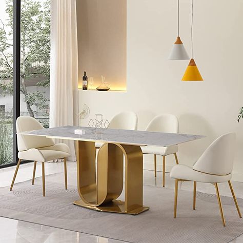 Amazon.com - Montary 71” Dining Table for 6-8 Seat, Modern Rectangle Design Dining Room Table with Gold Double U Metal Base, Sintered Stone Marble Dining Table (Only Table) - Table & Chair Sets Sintered Stone Dining Table, Luxury Dining Tables, Modern Farmhouse Dining Room, Dining Table Gold, Double U, Marble Top Dining Table, Living Room Dining Room Combo, Modern Farmhouse Dining, Rectangle Design