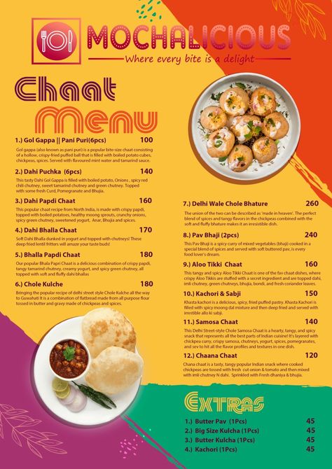 Chaat Chaat Menu Card, Tiffin Service Menu Card Indian, Restaurant Plan, Menu Card Design, Vivekananda Quotes, Tamarind Chutney, Pani Puri, Crispy Fry, Food Banner