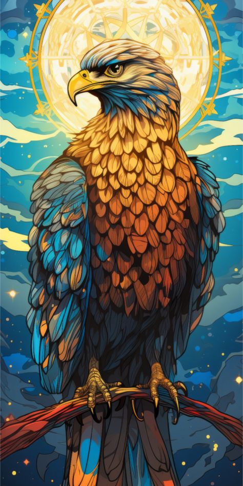 A stylized illustration of an eagle perched on a branch against a backdrop of a large, luminous full moon and starry night sky. The artwork features warm tones in the eagle's plumage, contrasting with the cool blues of the sky and the soft glow of the moon. The composition creates a sense of tranquility and watchful presence, with the eagle gazing intently into the distance under the celestial light. The overall style blends realism with a touch of fantasy, evoking a serene and magical atmosphere. Stylized Illustration, Overall Style, Starry Night Sky, The Eagle, Full Moon, Night Skies, Night Sky, Realism, Eagles