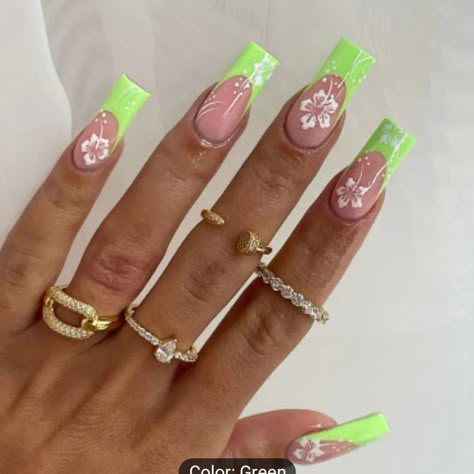 Press On Nails Nwot Island Theme Acrylic Nails, Short Cute Nails Acrylic Summer, Neon Birthday Nails, Neon Green Summer Nails, Lime Green Acrylic Nails, Neon Green Nails Design, Tropical Acrylic Nails, Green Summer Nails, Dominican Nails