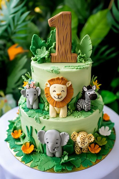 25 1st Birthday Cake Ideas for Your Little One's Big Day Jungle Birthday Party Cake, Jungle Theme Cake Design, Cake For One Year Old Boy, Smash Cakes For Boys 1st Birthday, Wild One Birthday Smash Cake, 1 Year Birthday Cake Ideas, Wild One Birthday Party Cake, Wild One Cake Ideas, Birthday Cake Boys 1st