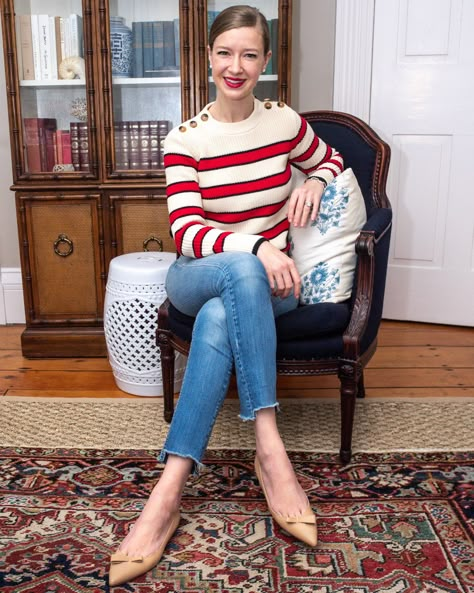 DAILY LOOK:  La Ligne Cotton Stripe Sweater  Sarah Flint Natalie Flats c/o (Get $50 off with code “Stacie50”) Pearl Studs YSL Lip Stain #9 Ralph Lauren Chair (black and white version)  White Garden Stool Stacy Flinner Style, Colourful Classic Outfits, Stacy Flinner, Ysl Lip Stain, Northern Preppy, British Preppy, Stacie Flinner, Coastal Preppy, Sarah Flint