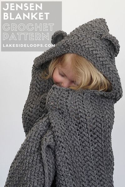 This crochet hooded blanket pattern is modern & sweet. The contemporary herringbone design paired with classic teddy bear ears is a fun combination. This cozy pattern makes 3 different sizes (Baby, Kids, & Adult) and comes with 2 ear options (teddy bear or bunny rabbit). A perfect gift to crochet for the young (or young at heart) in your life. Hooded Blanket Pattern, Crochet Hooded Blanket, Teddy Bear Ears, Crochet Hood, Cozy Pattern, Bear Blanket, Crochet Toddler, Modern Crochet Patterns, Herringbone Design