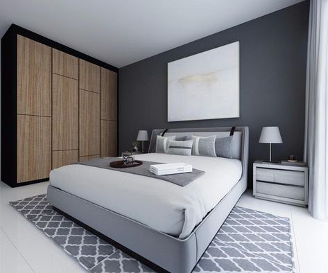 Tidplus Design on Instagram: "Sometimes, less is definitely more! In this bedroom we minimise all the frills with no feature walls or build-in side tables. The muted tones of greys and white are given a contrast with the black and wood wardrobe to help warm up the interior!" Black And Wood Wardrobe, Tidplus Design, White Wardrobe Bedroom, White Gray Bedroom, Bedroom Kid, Grey Bed, Wood Wardrobe, White Wardrobe, White Bedroom Furniture