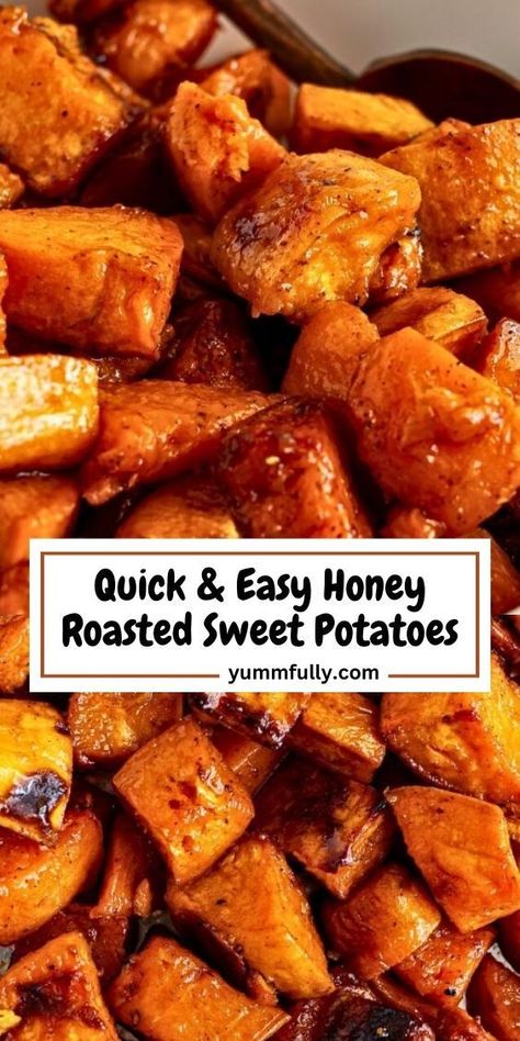 Enhance the natural sweetness of sweet potatoes by roasting them with a drizzle of olive oil and honey. This easy and quick way to prepare them is not only effortless but makes the perfect accompaniment for any meat entree. They are the perfect side dish for Thanksgiving, elegant celebrations, or casual dinners! Honey Roasted Sweet Potatoes, Sweet Potato Oven, Sweet Potato Recipes Roasted, Sweet Potato Side Dish, Sweet Potato Sides, Potato Side Dishes, Honey Roasted, Thanksgiving Side Dishes, Sweet Potato Recipes