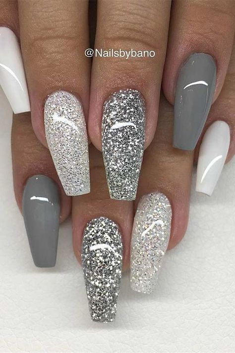 White Sparkly Nails, Silver Acrylic Nails, Grey Nails, White And Silver Nails, White Glitter Nails, Homecoming Nails Acrylic, Gray Nails, Nails White, Acrylic Nails Coffin Short