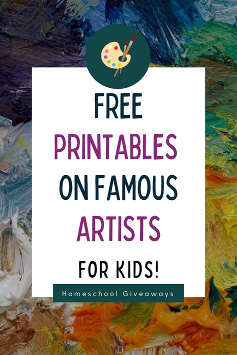 Explore famous artists with these free printables! Perfect for homeschool art lessons or history lessons. Encourage creativity in your kids and learn about famous artists from the past. Homeschool Artist Study, Artist Study Worksheet Free Printable, Preschool Famous Artist Projects, Art Lessons Elementary Famous Artists, Art Unit Study, Artist Study For Kids, Art Curriculum Planning, Homeschool Art Ideas, Homeschool Art Lessons