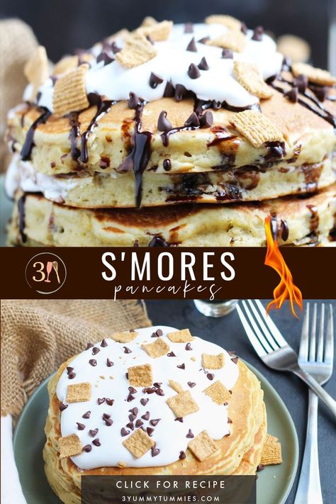 These S’mores Pancakes are pure breakfast bliss with Golden Grahams and chocolate chips in the batter. A generous topping of marshmallow cream, chocolate sauce, more cereal and chocolate chips makes these better than the campfire version. Smores Recipes, Crispy Breakfast Potatoes, Waffle Breakfast, Pancake And Waffle, Golden Grahams, Easy Pancake, Smore Recipes, Best Pancake Recipe, Best Brunch Recipes