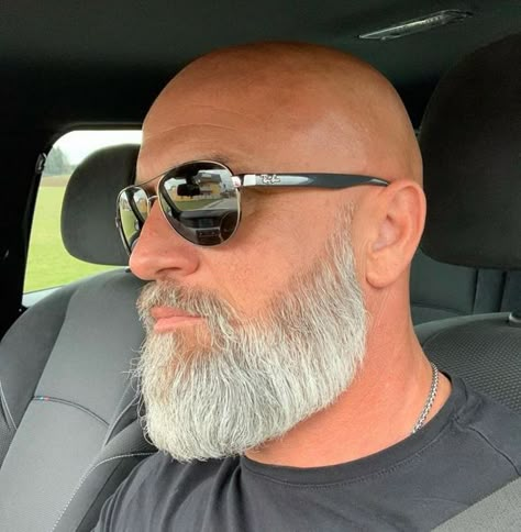 Bald Men With Grey Beards, Grey Beard Bald Head, Grey Beard Styles For Bald Men, Bald And Beard, Bald Men With Beards Style, Medium Length Beard, Beard Styles For Bald Men, Grey Bearded Men, Tapered Beard