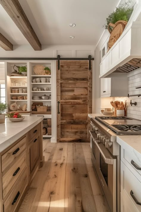 Rustical Kitchen Ideas, Farmhouse Open Kitchen, Farm Kitchen Wood Cabinets, Remodeling Ideas, Modern Farmhouse Interior Design Ideas, Rustic Hickory Kitchen Cabinets Backsplash, Farmhouse Small Kitchen With Hickory Cabinets And Wood Flooring, Traditional Style Kitchen Design, Rustic Farmhouse Kitchen Cabinets Hickory