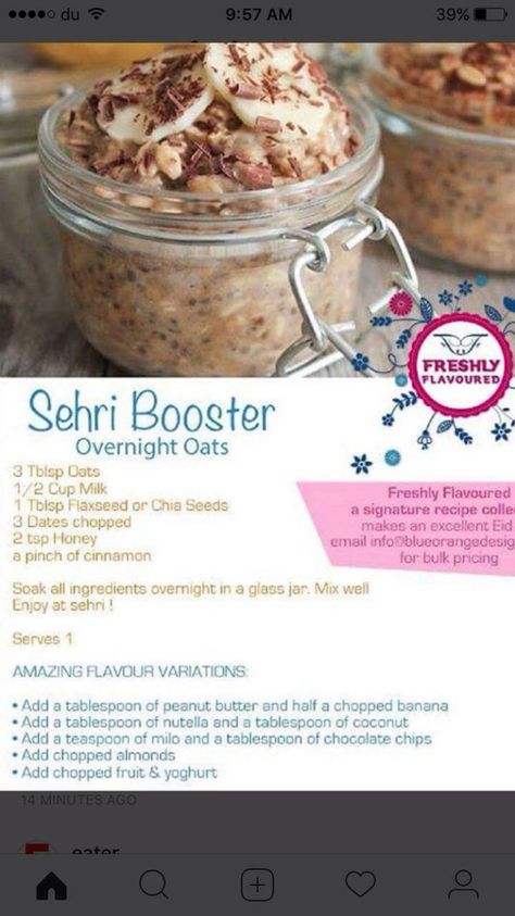 Sehri Booster // Overnight Oats for Suhur :) #Ramadan #Suhur Ramadan Diet, Healthy Ramadan Recipes, Omelette Recipe Easy, Ramadan Tips, Cooking Recipes In Urdu, Eid Food, Iftar Recipes, Cooking Chocolate, Healthy Grocery List