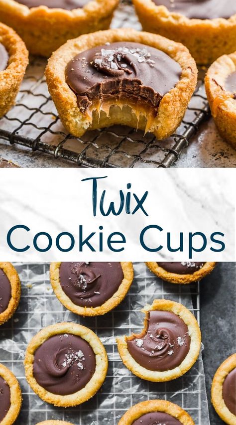 Cups Desserts, Layered Cookies, Twix Candy Bar, Twix Cookie, Twix Candy, Cookie Cups Recipe, Mini Dessert Recipes, Sugar Cookie Crust, Chocolate And Caramel