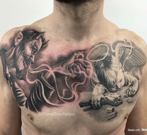 Good &evil Crazy Chest Tattoo Men, Good Angel Bad Angel, Good And Evil Tattoos, Bad Angel, Cupid Tattoo, Side Neck Tattoo, 16 Tattoo, Tattoo Neck, Evil Tattoo