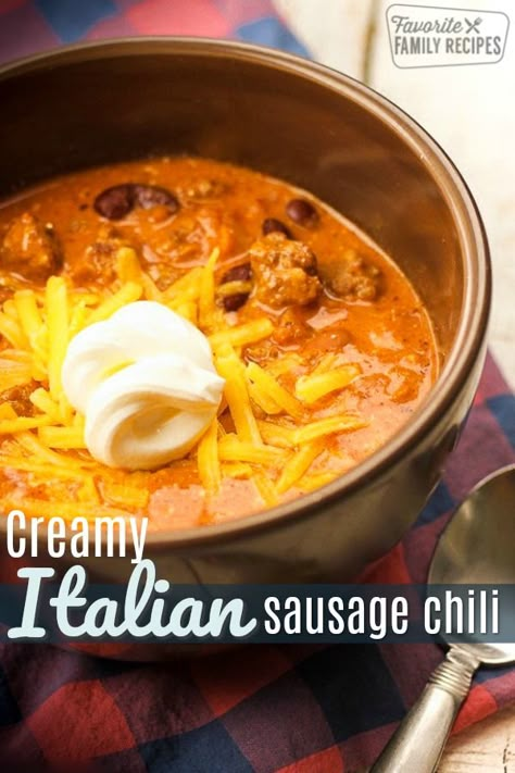 You are going to love this Creamy Italian Sausage Chili!  Perfect for cold Autumn nights.  It is creamy and hearty with a little bit of a kick. #italian #italiansausage #sausage #chili #creamychili #FavoriteFamilyRecipes #favfamilyrecipes #FavoriteRecipes #FamilyRecipes #recipes #recipe #food #cooking #HomeMade #RecipeIdeas  via @favfamilyrecipz Ground Italian Sausage Recipes For Dinner, Chili With Sausage, Italian Sausage Chili, Recipe Italian Sausage, Sausage Chili Recipe, Ground Italian Sausage Recipes, Italian Chili, Creamy Chili, Crock Pot Soup Recipes