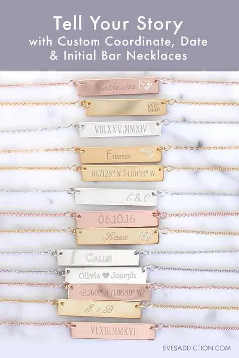 Tell your story with a custom Coordinate, Date or Initial Name Bar Necklace. Perfect as a unique Anniversary & Wedding Gift to celebrate your memorable day and share the love of your story. Ships in 24 hours, you can also save 30% and receive free shipping when you order today from Eve’s Addiction. #anniversarygifts Initial Bar Necklace, Bar Necklaces, Rose Gold Bar, The Bling Ring, Personalized Anniversary Gifts, Initial Name, Photo Charms, Tell Your Story, Gold Bar Necklace