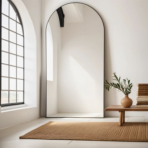 Introduce a touch of architectural charm to your home with our Arch-Top Floor Mirror. Its large, full-length design and modern minimalist aesthetic make it an impressive statement piece. 🌿🪞 Architectural Elegance: The arch-top shape brings a soft, elegant curve to traditionally straight-lined spaces. Full-Length Feature: Offers a complete view, perfect for outfit checks and adding depth to any room. Leaning Design: Designed to lean against a wall, this mirror is easy to relocate and doesn't re Arch Mirror Decor Living Room, Diy Floor Length Mirror, Arch Mirror Decor, Full Length Mirror Living Room, Full Length Mirror Diy, Antique Full Length Mirror, Slat Door, Full Length Mirror In Bedroom, Bedroom Hallway Decor