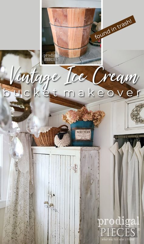 Antique Ice Cream Maker Decor, Ice Cream Buckets Repurpose, Bucket Makeover, Paint Chairs, Ice Cream Bucket, Antique Wash Stand, Chalk Paint Chairs, Chest Of Drawers Makeover, Spring Clean Up