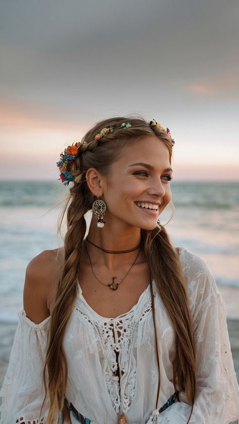 Explore a variety of hippie hairstyles for long short curly and medium hair From boho bandana styles to simple black headbands - get inspired with these cute 70s looks perfect for all hair types Cute Hippie Hairstyles, Headband Hairstyles Boho, Bohemian Twists, Hippie Hairstyles, Black Headbands, Boho Bandana, Gorgeous Braids, Groovy Vibes, 70s Look