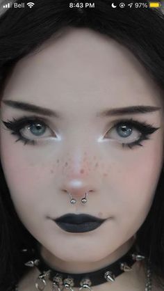 Simple Punk Eyeliner, Nose Piercing And Makeup, Cute Alt Eyeliner, Clown Makeup Drawing Reference, When They Have Pretty Eyes, Goth Cowgirl Makeup, Goth Anime Makeup, Cute Goth Makeup Looks, Alt Birthday Makeup