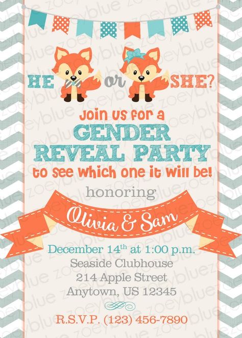 Fox Gender Reveal Party, Woodland Baby Shower Girl, Fox Gender, Woodland Creatures Baby Shower, Gender Reveal Themes, Baby Shower Girl, Gender Reveal Invitations, Baby Reveal, Reveal Ideas