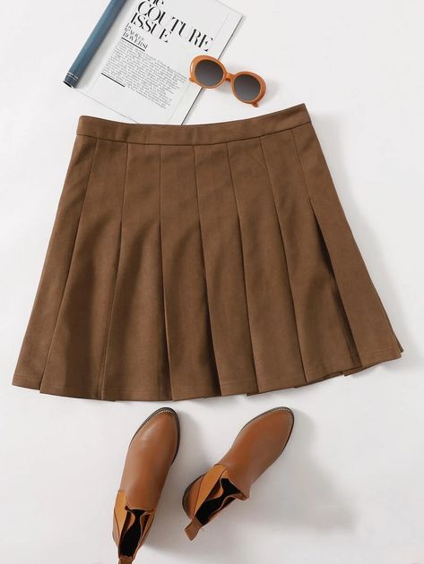 Plus Suede Zipper Side Pleated Skirt | SHEIN USA Pleated Skirt Plus Size, Brown Pleated Skirt, Shein Skirts, Pleaded Skirt, Bear Costume, Preppy Fall, Brown Skirt, Brown Skirts, Suede Skirt