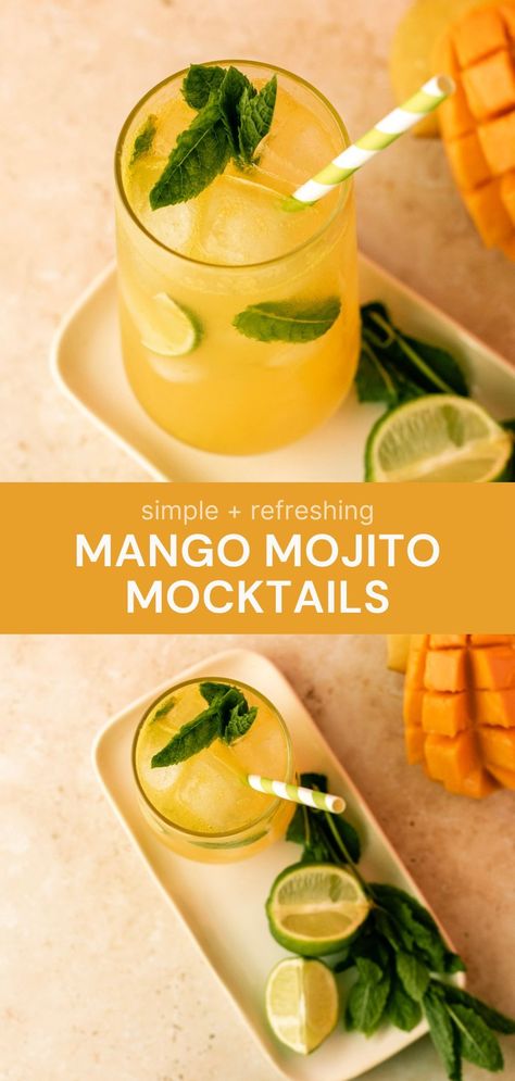 This simple and refreshing mango mojito mocktail is your new go-to Summer drink! Bursting with flavour from mango, mint and lime. Lime Mojito Mocktail, Mocktail Summer Drinks, Mocktail Recipes Healthy, Mango Mint Mojito, Cosmo Mocktail Recipe, Easy Virgin Drinks, Best Mocktails For Summer, Mocktail Recipe Summer, Mango Mojito Mocktail