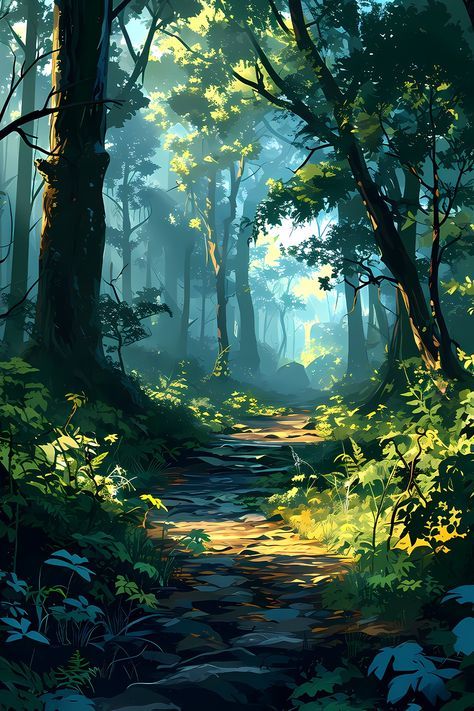 Japanese Nature Illustration, Simple Forest Background Drawing, Forest Murals, Fantasy Forest Art, Fantasy Forest Landscape, Pictures Of Trees, Anime Forest, Landscape Simple, Plane Flying