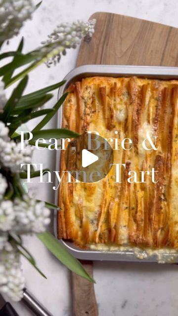 Clodagh McKenna Herbert on Instagram: "THYME PEAR AND BRIE TART   Serves 6    INGREDIENTS:   10 sheets of filo pastry   10 slices of brie   2 pears, thinly sliced and halved   20g butter, melted   2 eggs   200ml double cream   2 tsps thyme leaves   Honey   Sea salt and freshly ground black pepper    METHOD:   1. Pre-heat the oven to 180oC fan.    2. Gently fold up the filo pastry sheets, gathered like a fan, alongside each   other, quite snug in a baking tray. Brush the pastry with the melted butter.    3. Place the slices of brie cheese and pear, in between the sheets.    4. Whisk together the eggs, cream and season with sea salt and freshly   ground black pepper. Spread this all over the pastry.    5. Bake in the pre-heated oven for 40 minutes. Drizzle with honey and serve." Pear And Brie, Brie Tart, Pear Brie, Filo Pastry Recipes, Clodagh Mckenna, Phyllo Recipes, Pear Tart, Filo Pastry, Double Cream